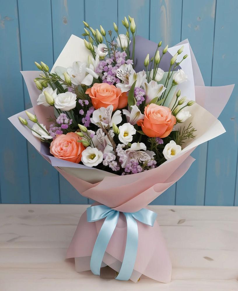 Букет цветов из: Лизиантусы, Розы, Альстромерии и Гипсофила в Лебяжьем Кировской области