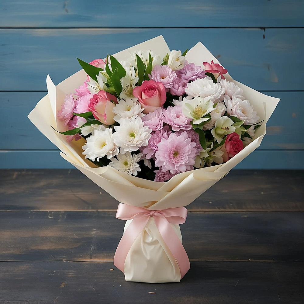 Букет цветов из: Хризантемы, Альстромерии и Розы в Лебяжьем Кировской области